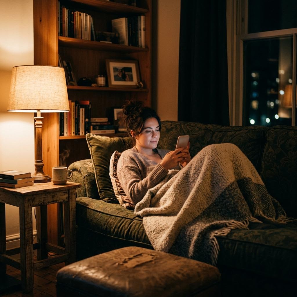 A pawn shop customer making a loan payment from home at night