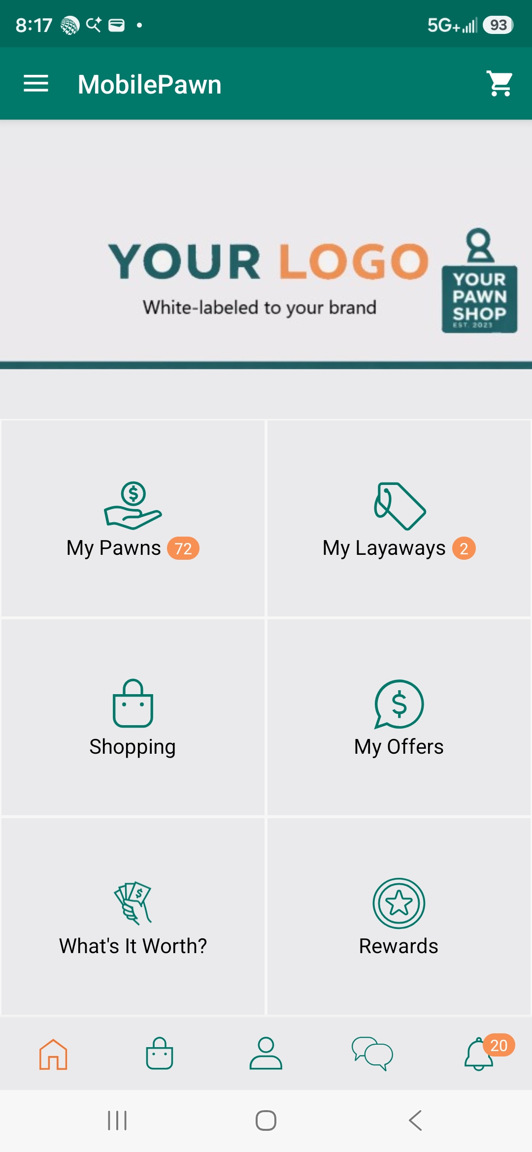 MobilePawn customer app screenshot showing My Pawns, My Layaways, Shopping, My Offers, What's It Worth, and Rewards tiles, white-labeled to a pawn shop's brand