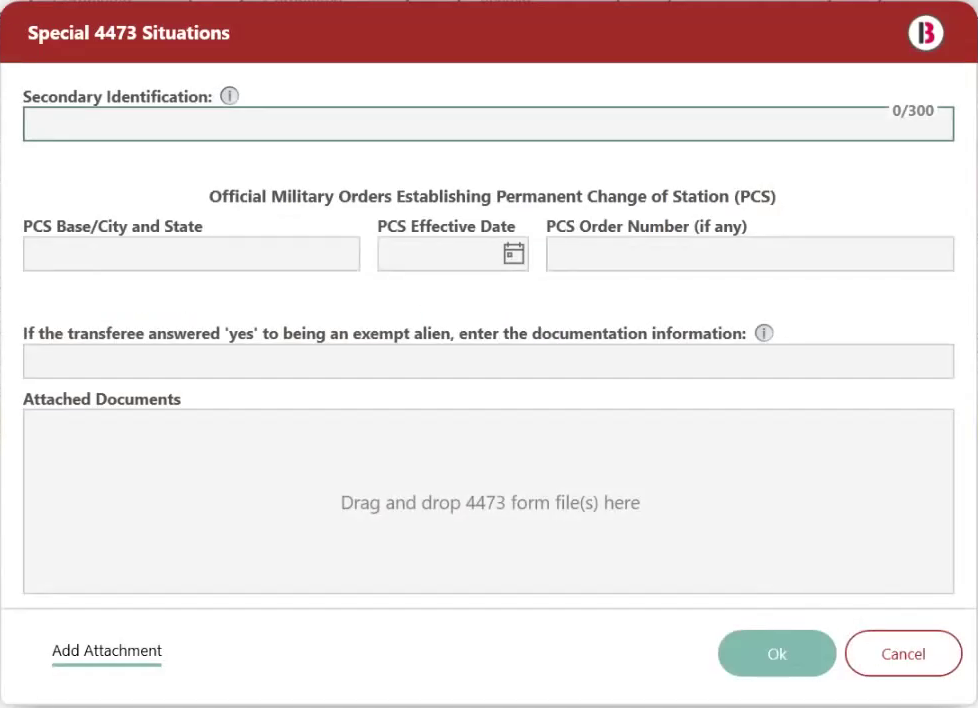 Bravo e4473 form showing fields for special 4473 situations