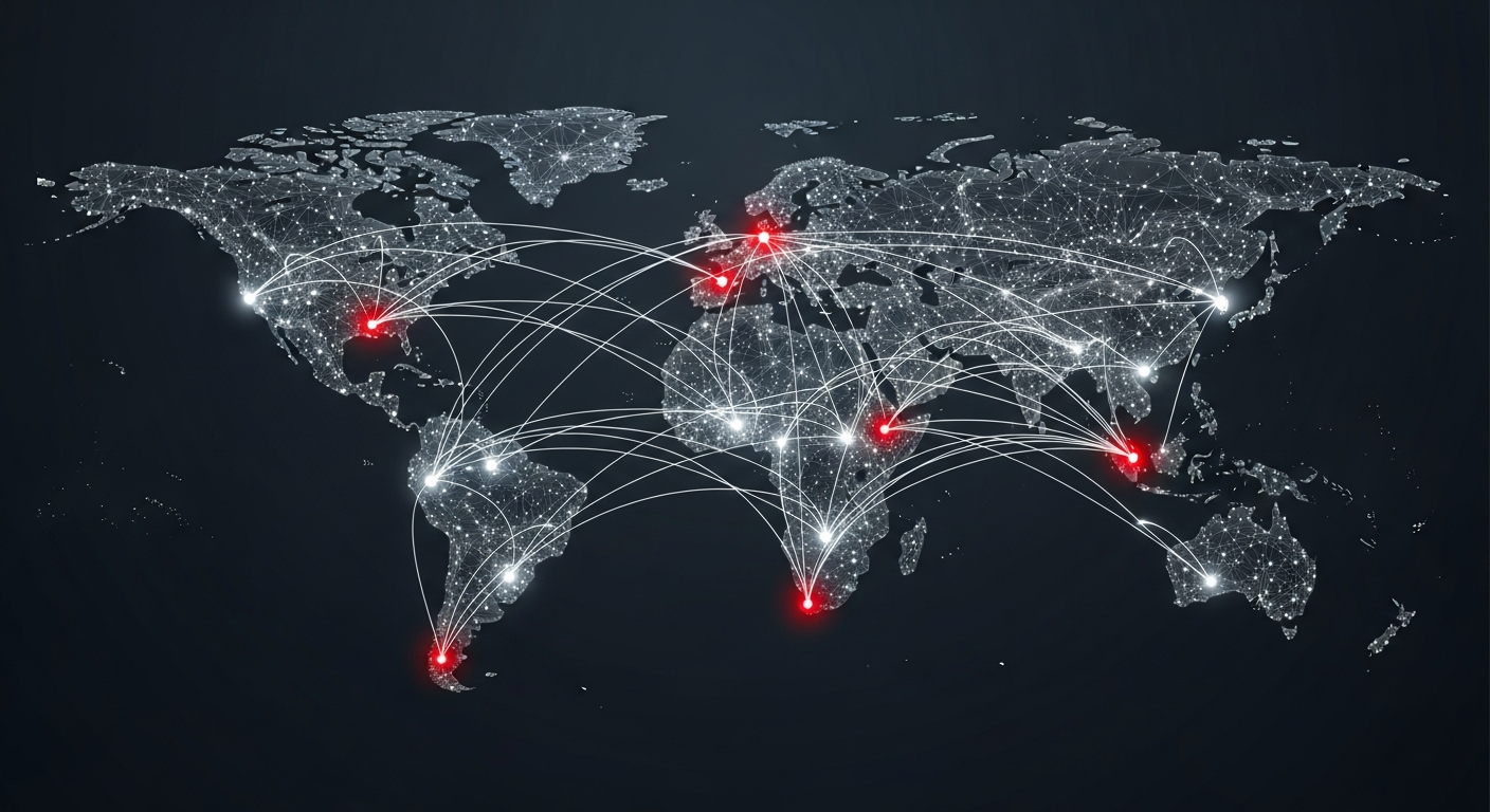 Distributed network nodes across a world map with anycast routing paths highlighted in red