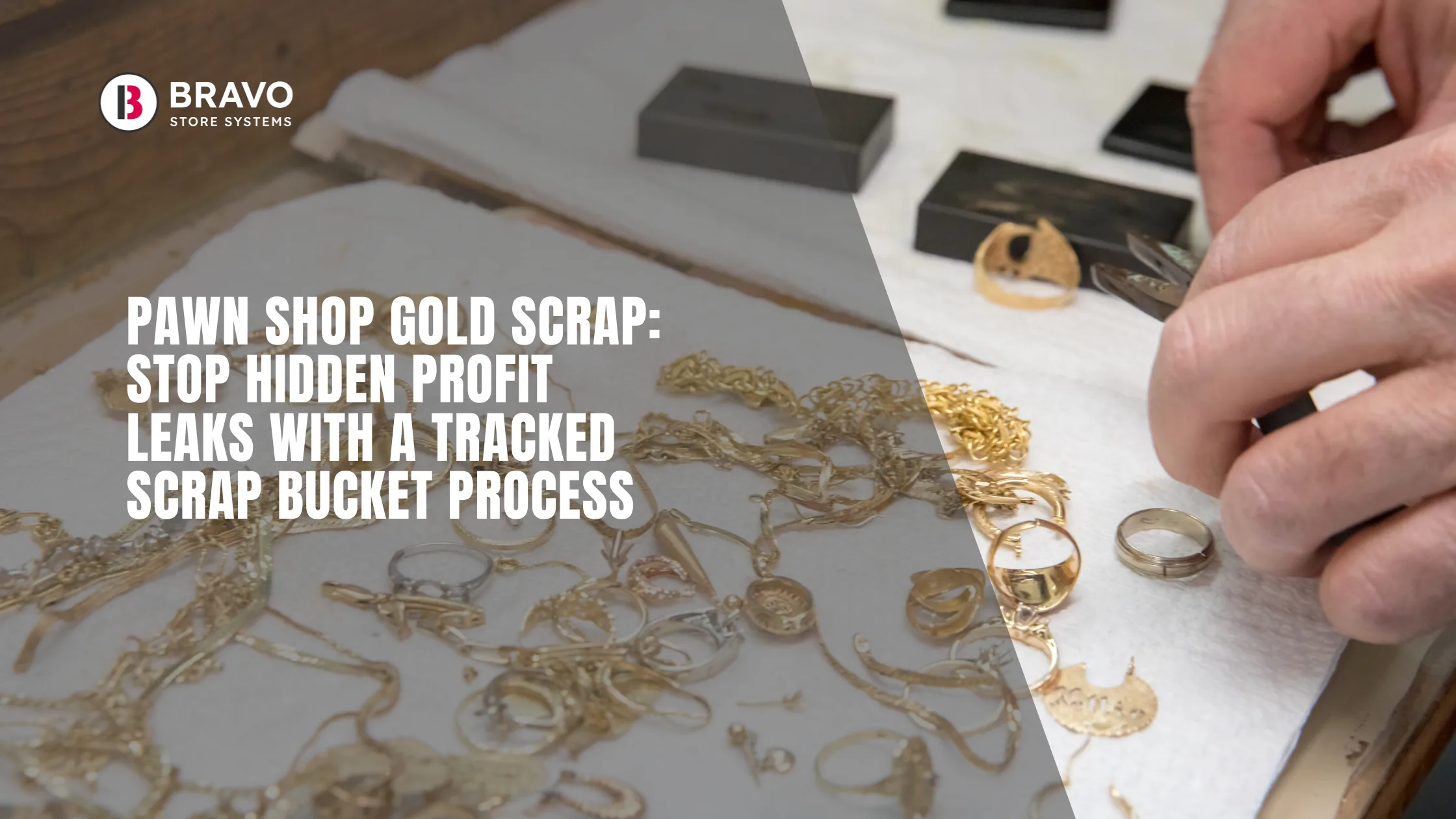 Pawn shop gold scrap tracking - gold jewelry, chains, and rings being sorted on a workbench
