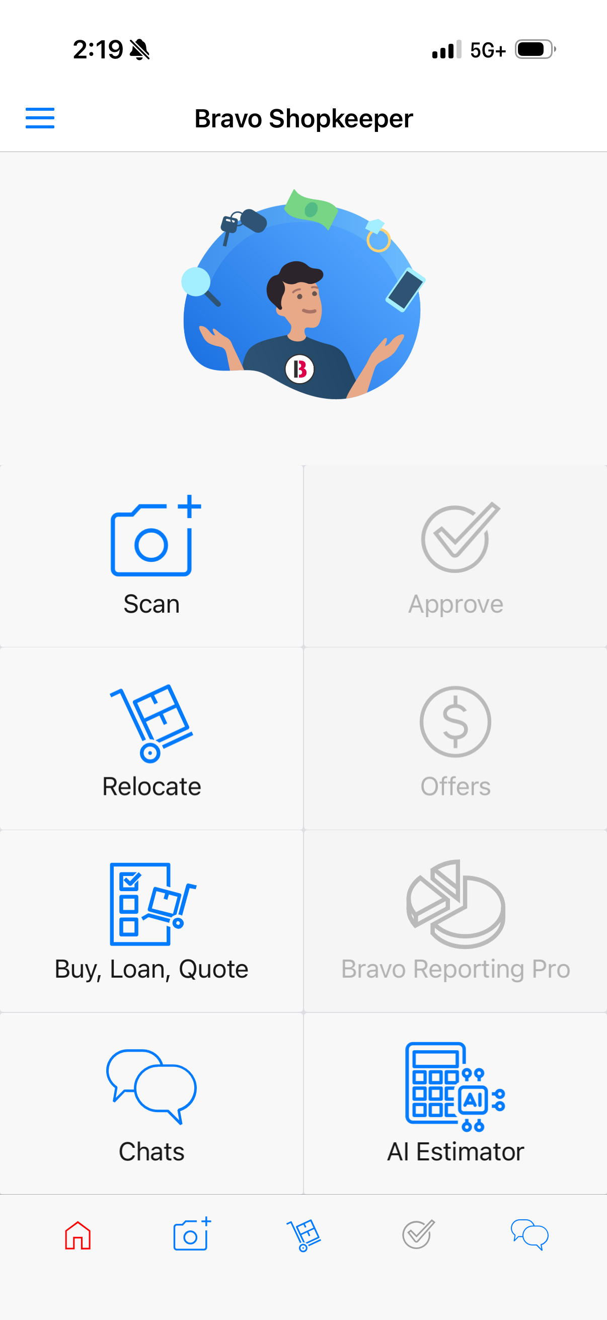 Bravo Shopkeeper employee app home screen with Scan, Approve, Relocate, Offers, Buy/Loan/Quote, Bravo Reporting Pro, Chats, and AI Estimator tiles